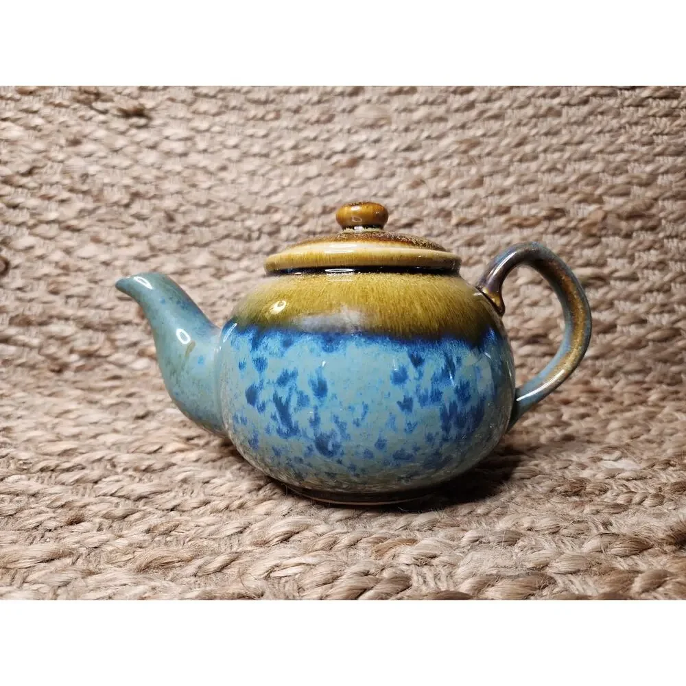 Artisanal Ceramic Teapot & Cup Set in Blue and Yellow